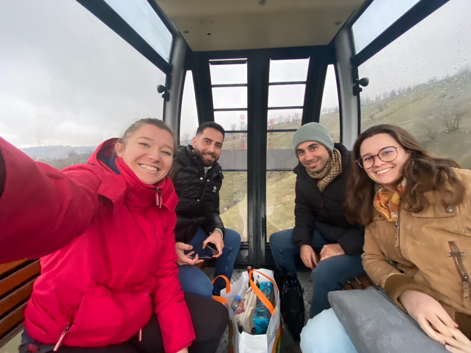 Friends in a cable car